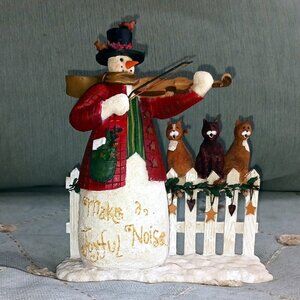 Deb Strain Raz, Vintage 1999, Snowman Playing the Violin with Cats on the Fence